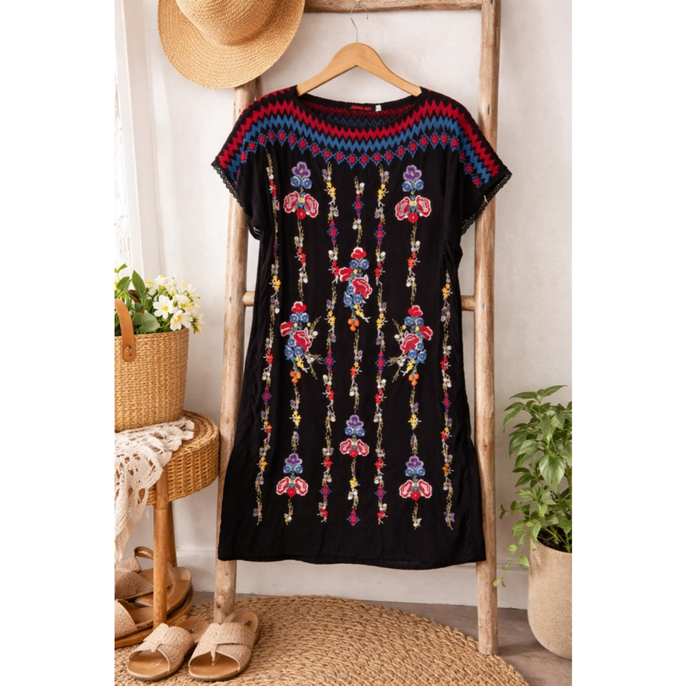 Johnny Was Bennett Floral Embroidered Tunic Black Red Blue Size XS